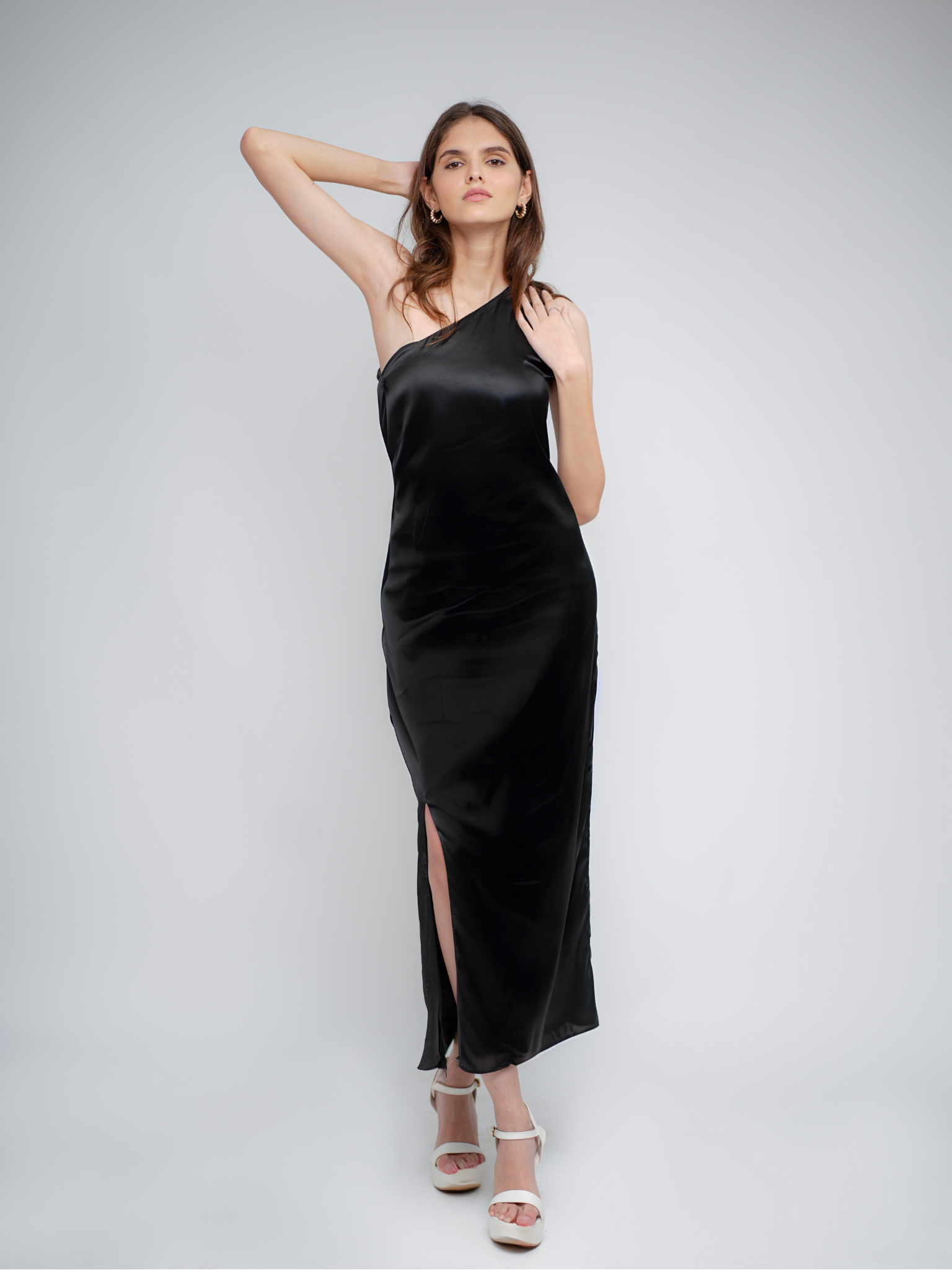 Siara One-Shoulder Satin Dress with Slit Revor Siara One-Shoulder Satin Dress with Slit Revor