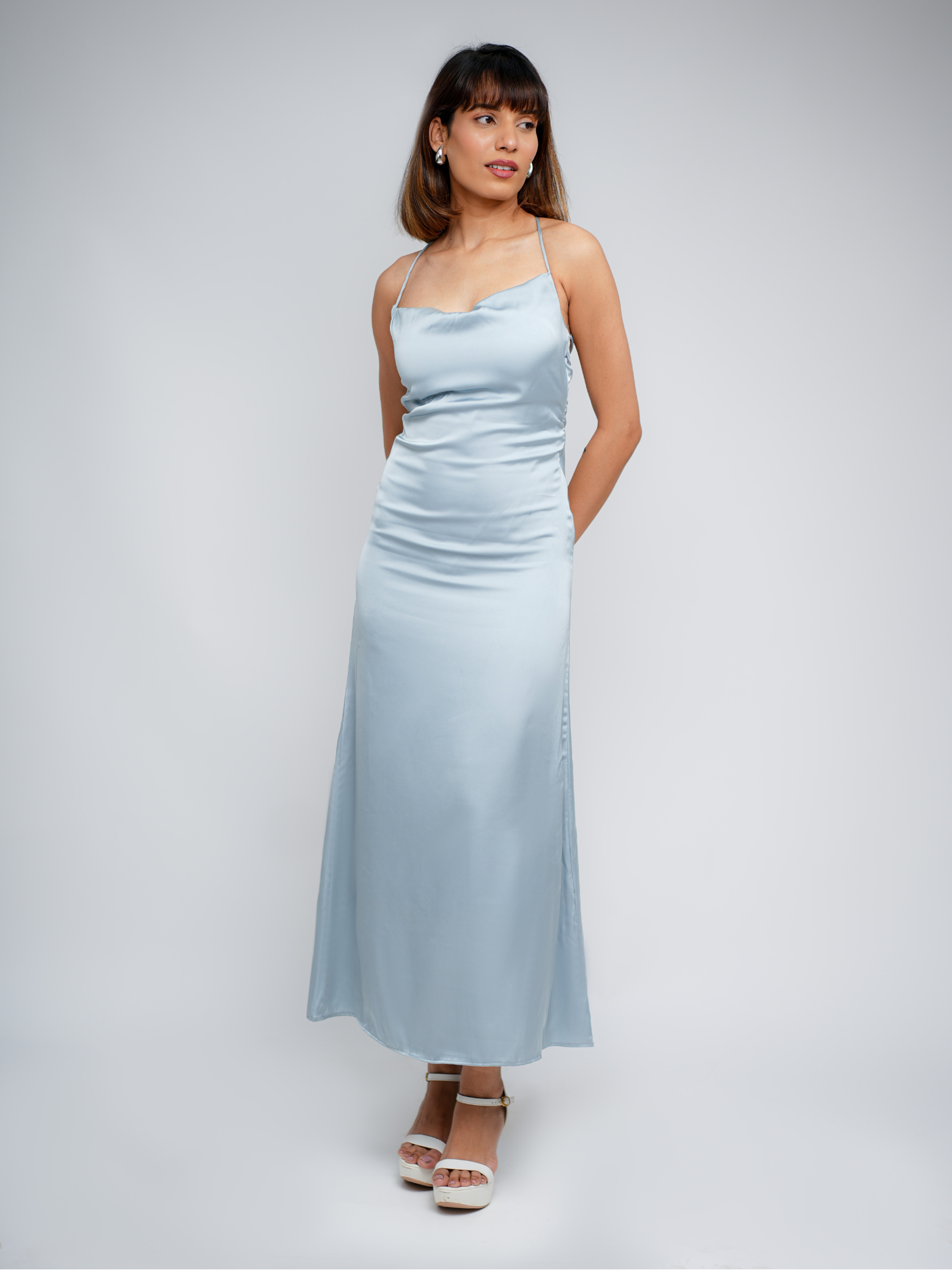 powder blue slip dress Light Blue Satin Maxi Slip Dress With Cowl Neck and Open Back