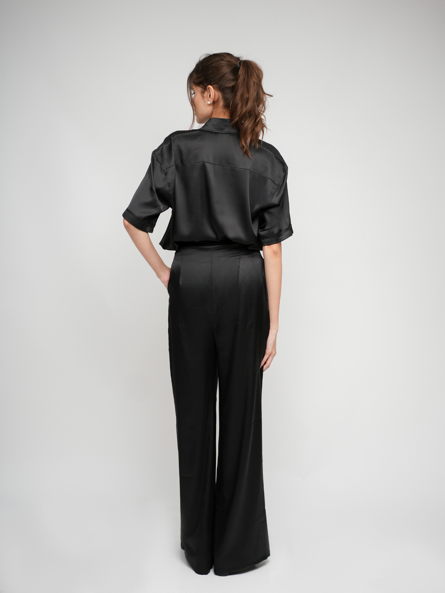 Evara Half-Sleeve Satin Shirt with Flared Satin Pants