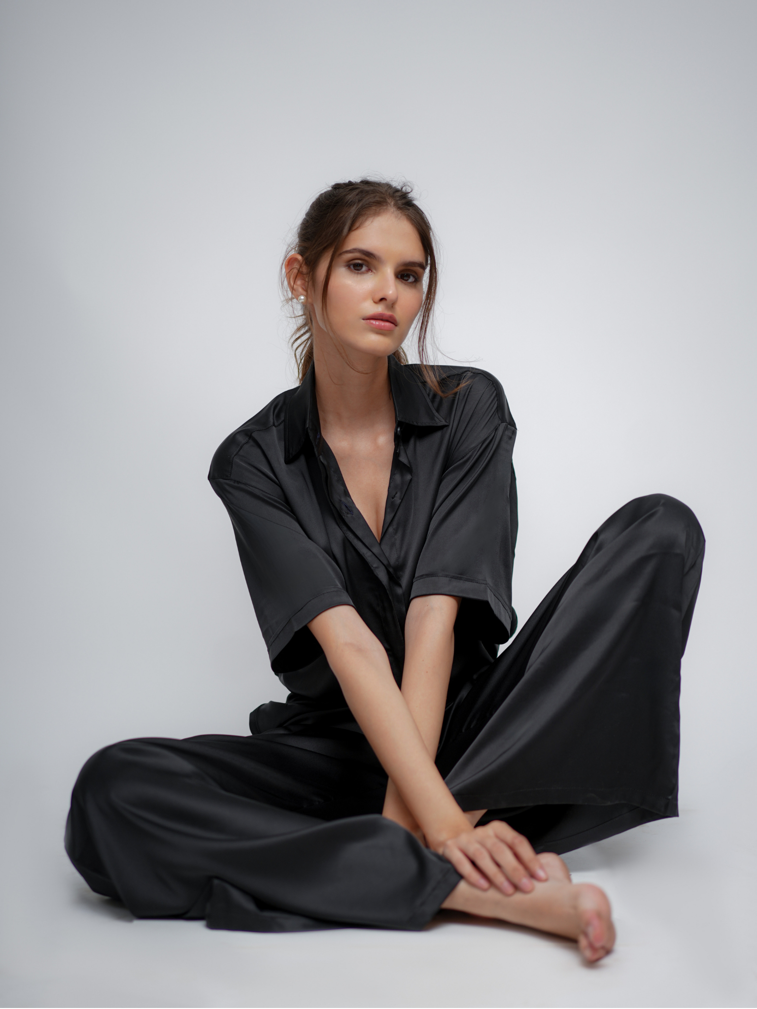 Evara Half-Sleeve Satin Shirt with Flared Satin Pants