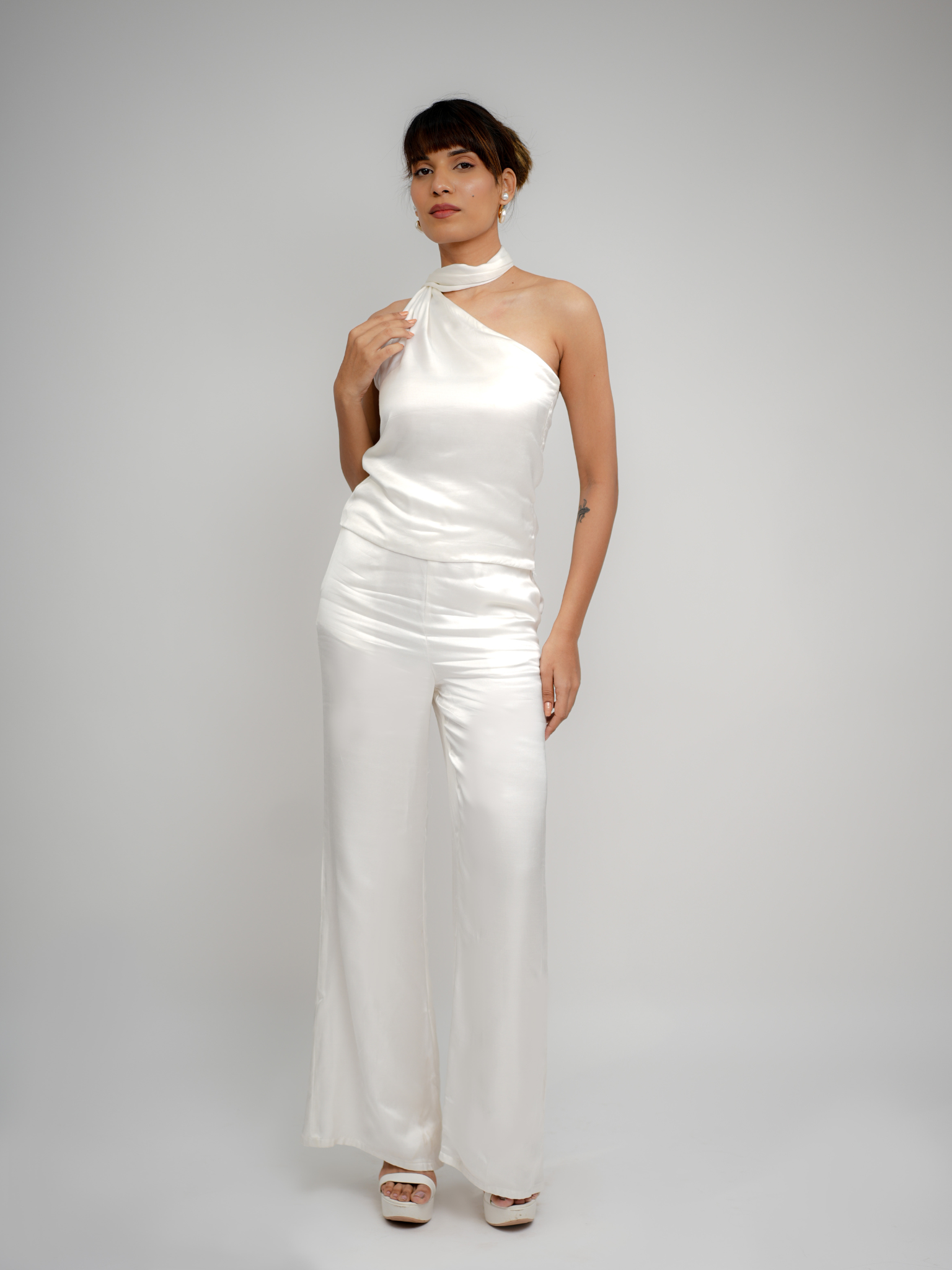 Elayne One-Shoulder Pearl White Top with Scarf