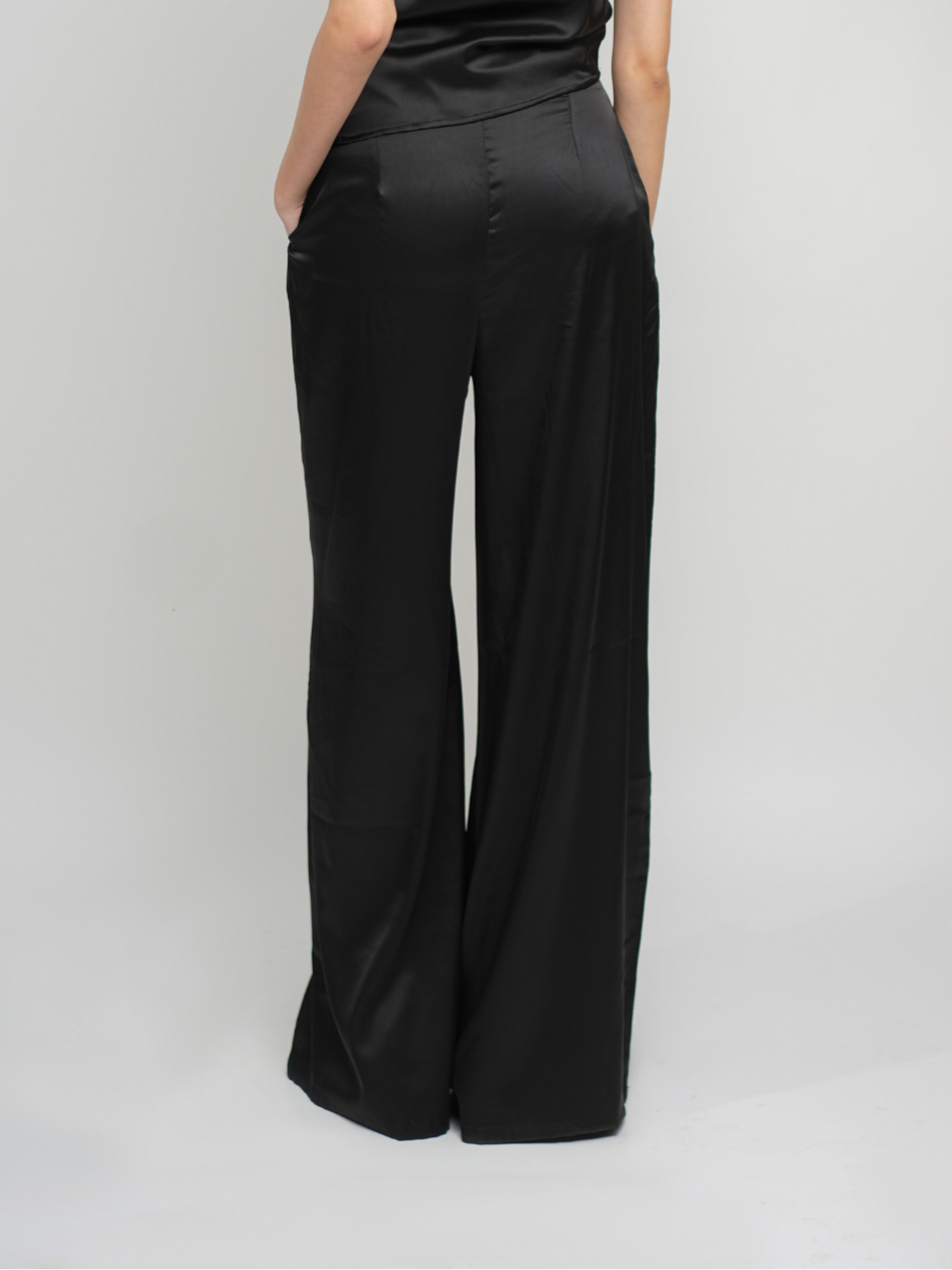 Elara Pants - Black High Waisted Satin Flared Pants