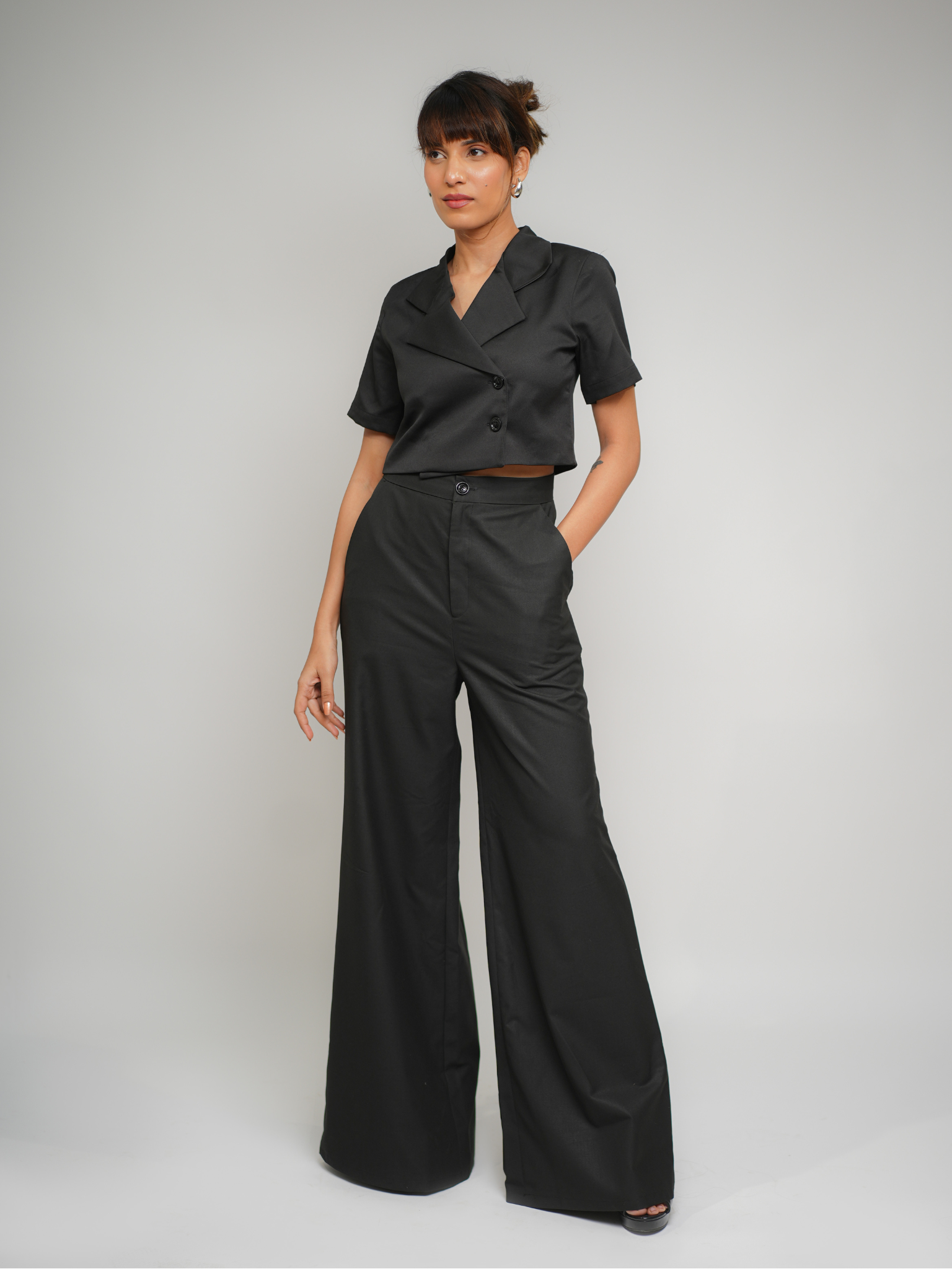 Coeur Half-Sleeve Cropped Blazer and Lila High-Waisted Flared Pants