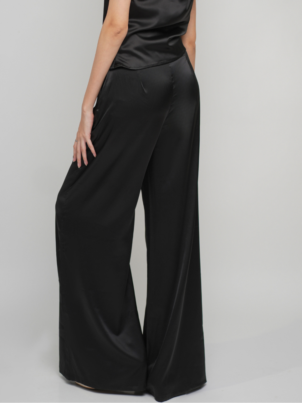 Elara Pants - Black High Waisted Satin Flared Pants