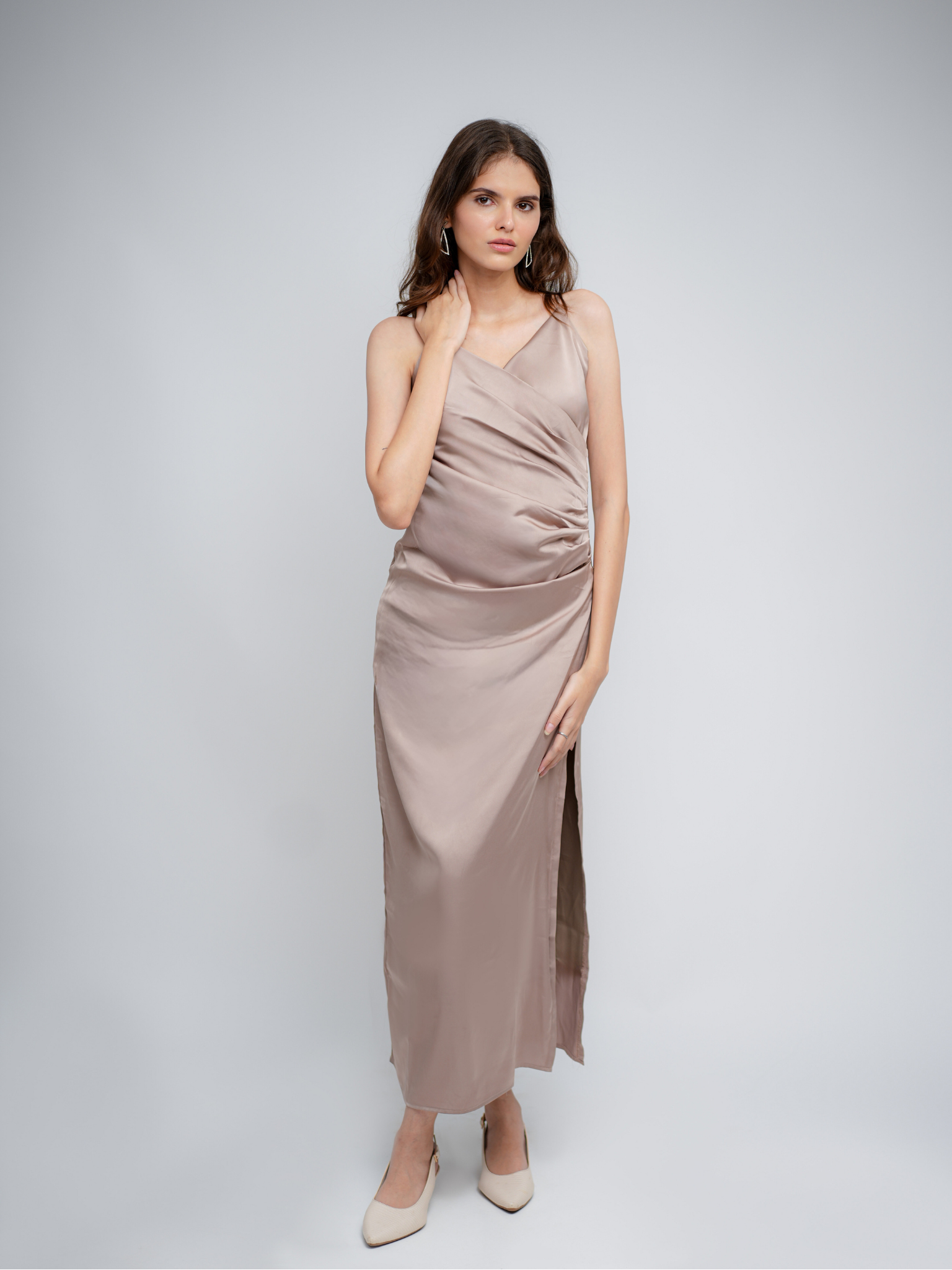 Zaira Metallic Gold Gathered Wrap Dress