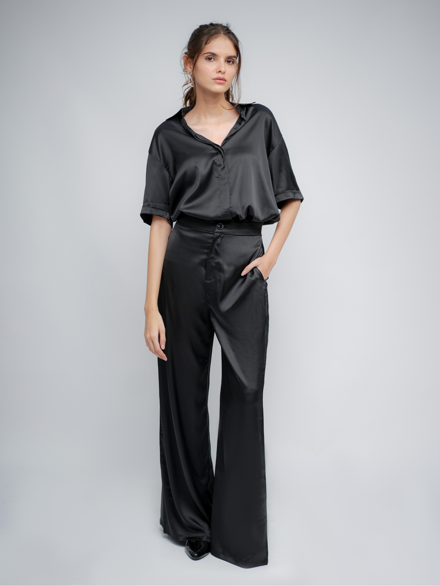 Evara Half-Sleeve Satin Shirt with Flared Satin Pants