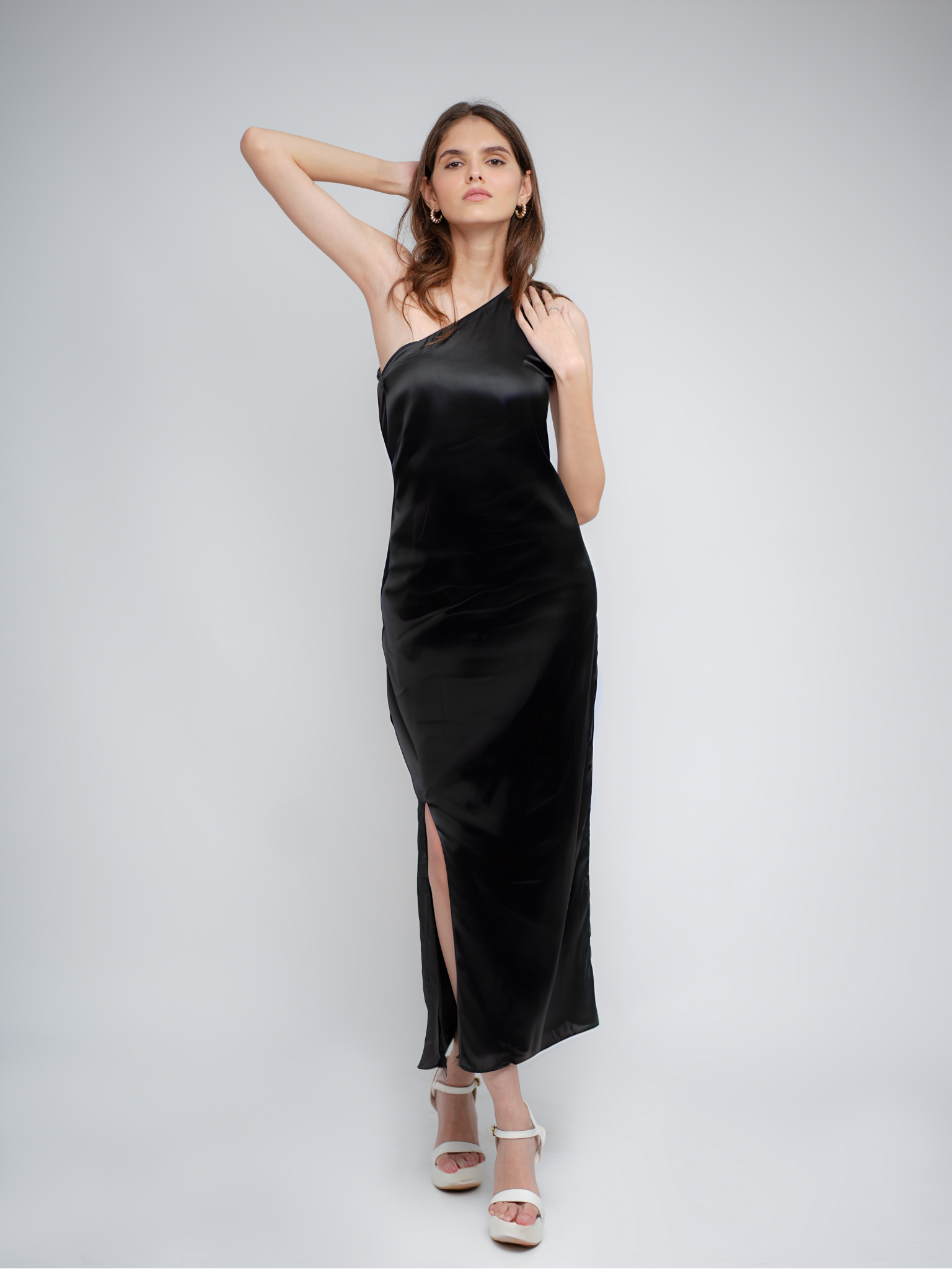 Siara One-Shoulder Satin Dress with Slit