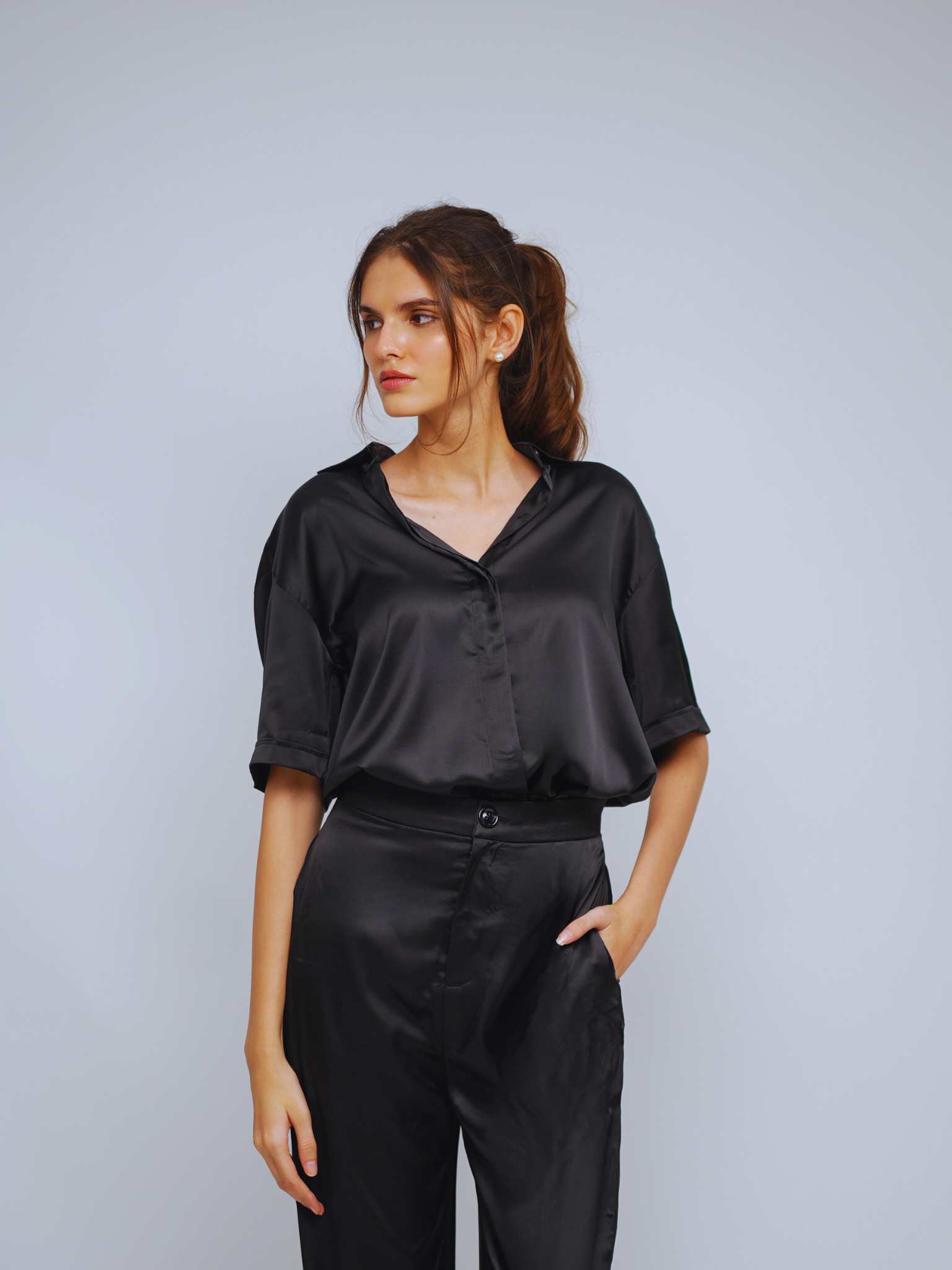 Evara Half-Sleeve Satin Shirt with Flared Satin Pants