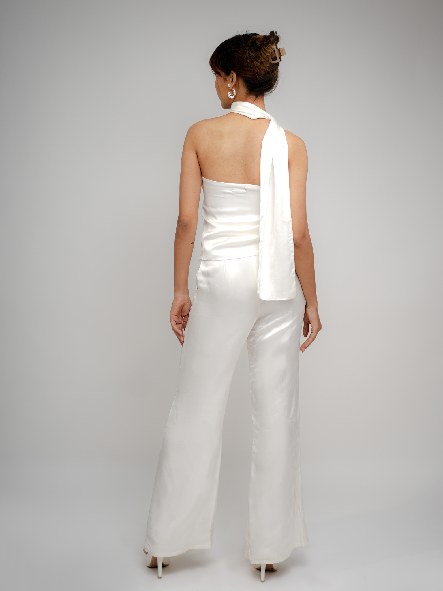 Elayne One-Shoulder Pearl White Top with Scarf