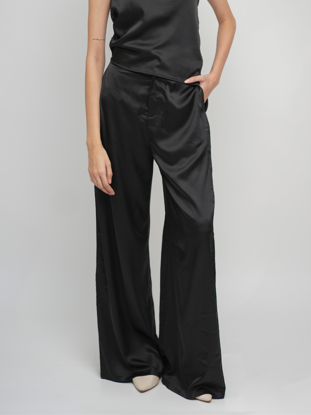 Elara Pants - Black High Waisted Satin Flared Pants