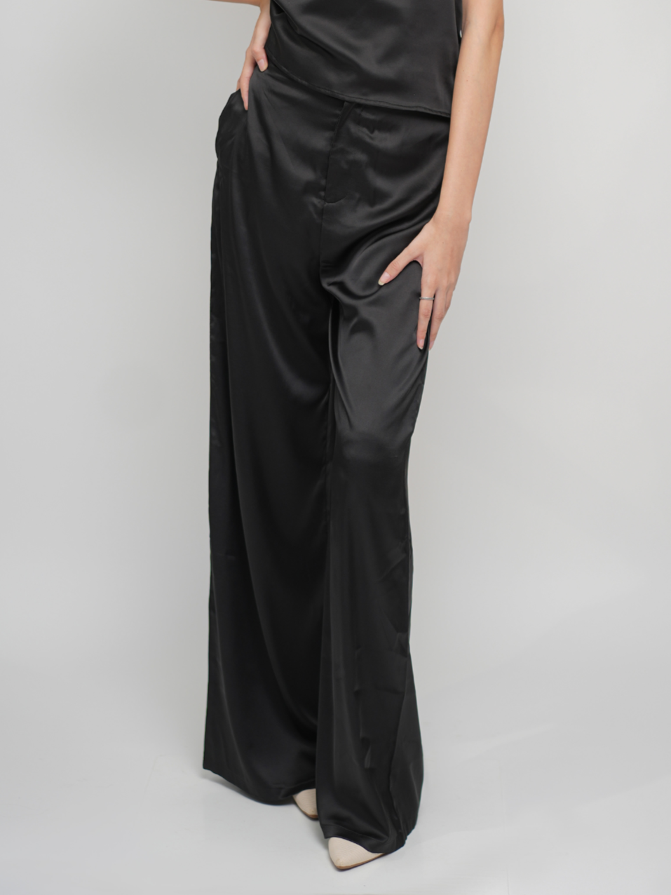 Elara Pants - Black High Waisted Satin Flared Pants