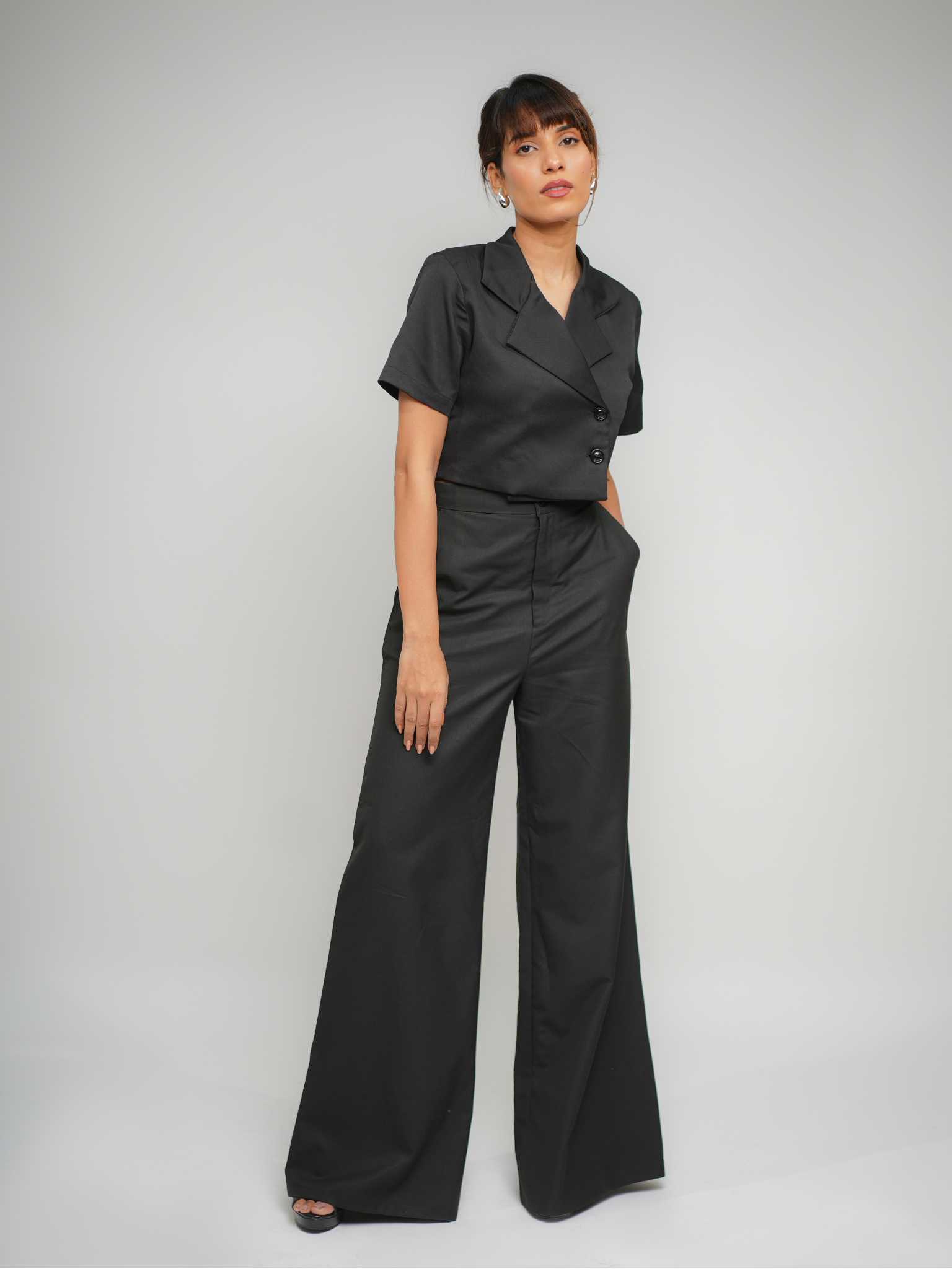 Coeur Half-Sleeve Cropped Blazer and Lila High-Waisted Flared Pants